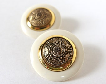 1980s Ivory Earrings - Clip Earrings with Goldtone Dome Jewelry