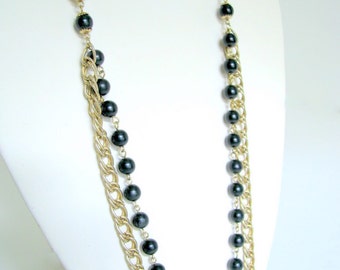 Vintage 1970's Long, Goldtone Chain and Black Bead Necklace R43