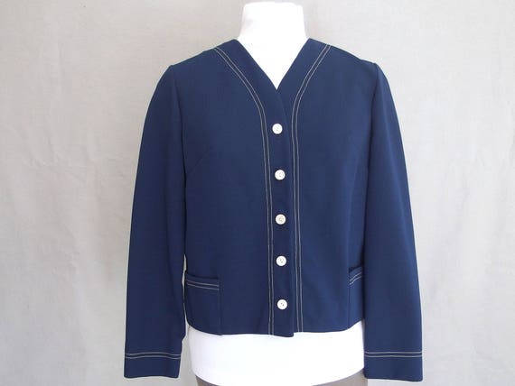 Blue Cropped Jacket, Vintage 1970's Navy Polyeste… - image 2