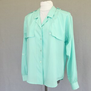 Rolled Sleeve Blouse, Vintage 1980's Silky Aqua Military Inspired Shirt, Fits Size 10 Medium image 3