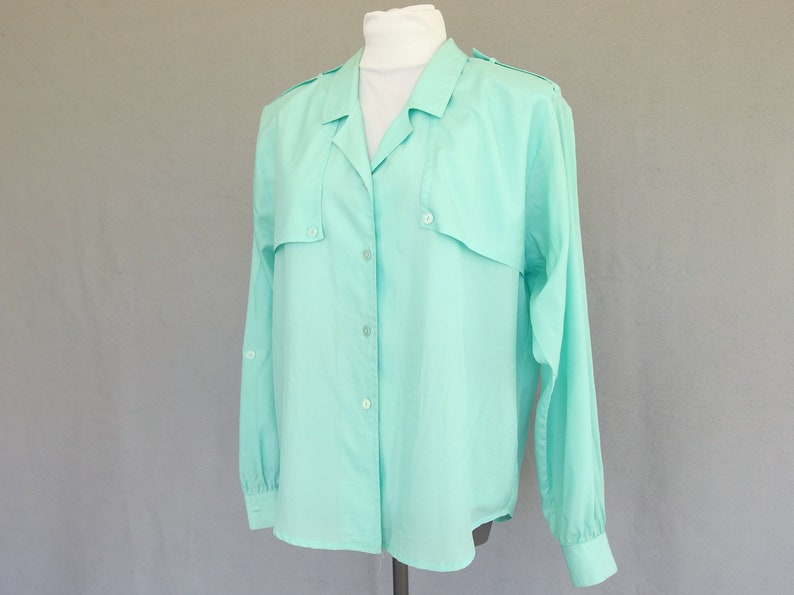 Rolled Sleeve Blouse, Vintage 1980's Silky Aqua Military Inspired Shirt, Fits Size 10 Medium image 3