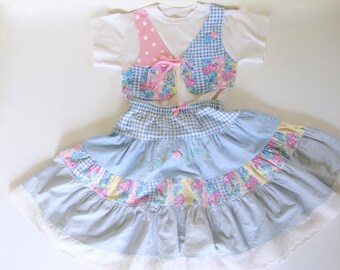 Top and Skirt - Vintage 1990's T Shirt with Pink Polka Dot and Blue Floral Vest and Tiered Skirt by Buster Brown, Size 6X