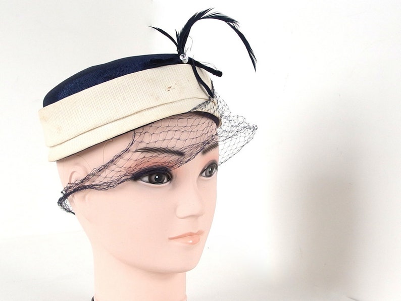 Vintage Navy Blue Pillbox Hat With Ivory Band Veil Feathers Etsy