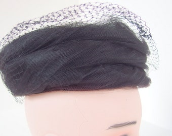 Vintage Black Pillbox Hat with Turban Wrapped Netting, Birdcage Veil and Hatpin