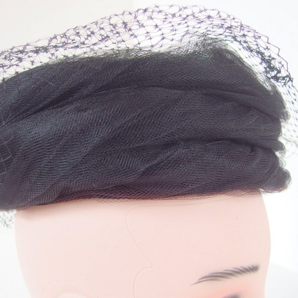 Vintage Black Pillbox Hat with Turban Wrapped Netting, Birdcage Veil and Hatpin