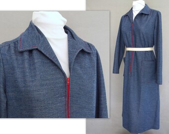 Blue Polyester Dress, Vintage 1970's Denim Look Dress with Red Front Zipper, Fits Size 6, Small