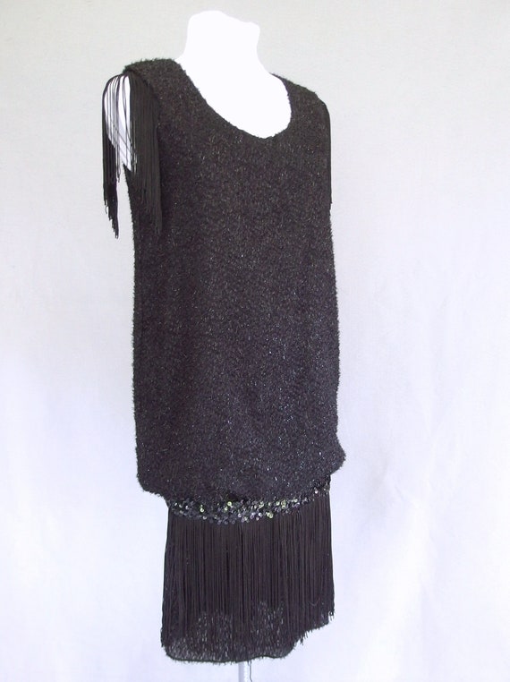 Black Fringe Dress, Vintage 1980's Flapper Style … - image 4