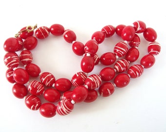 30" Red White Necklace, Long Beaded Necklace