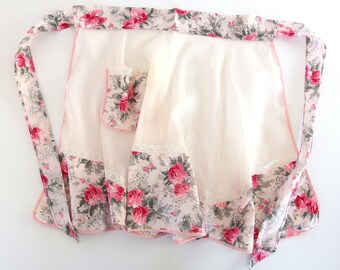 Pink Roses Half Apron, White Sheer Hostess Apron, Fits Size 0 to 14