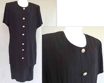 Black Vintage Dress, 1980's Textured Dress, Fits Large