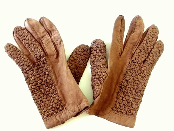 Vintage Brown Woven Leather Gloves, Size 7 - image 2