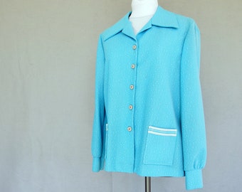 Boxy Blue Jacket, Vintage 1970's Polyester Knit Jacket, Size 12-14, Medium to Large