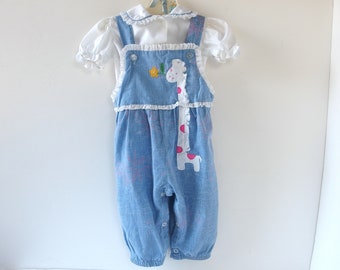 Vintage Blue Overalls with Giraffe, Spring Girl's Outfit from Thomas, Size 12 Mos.