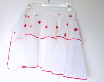 Sheer White Half Apron, Vintage Red Flocked Polka Dot Hostess Apron, Fits Size 0 to 14