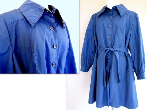Blue Winter Coat, Vintage 1970's Lined Trench Coat