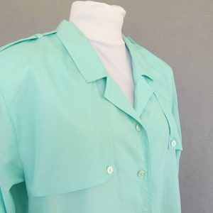 Rolled Sleeve Blouse, Vintage 1980's Silky Aqua Military Inspired Shirt, Fits Size 10 Medium image 4