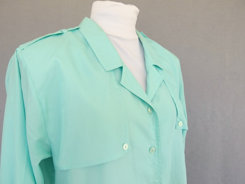 Rolled Sleeve Blouse, Vintage 1980's Silky Aqua Military Inspired Shirt, Fits Size 10 Medium image 4