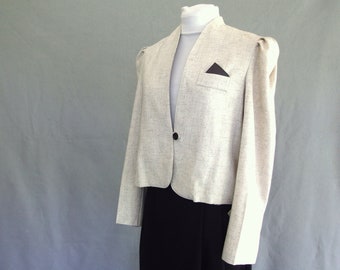 Linen Look Cropped Jacket, Vintage 1970's Short Blazer with Puff Sleeves, Fits Size 10 to 12, Medium