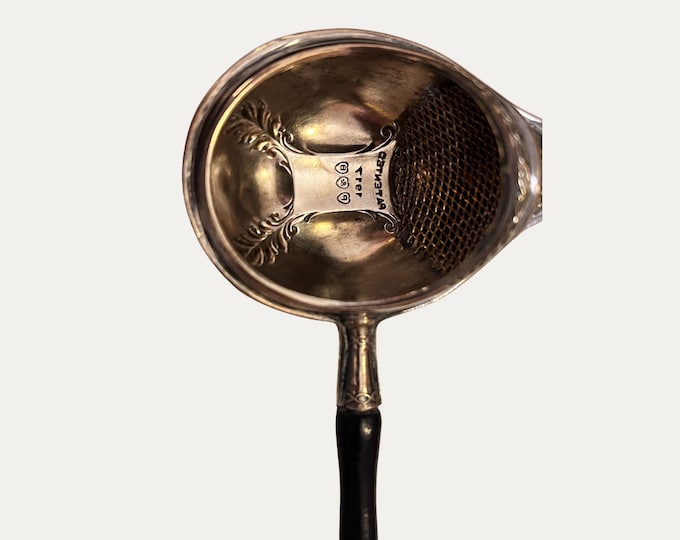 Antique 1917 Silver-Plated Gravy Separator with Ebony Handle | P&B Heart Hallmarks | Colonial Revival Kitchen Decor