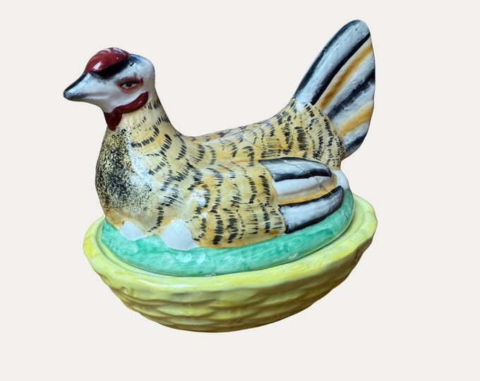 Staffordshire Hen-on-Nest Covered Dish – Hand-Painted Yellow Pheasant | c.1940 English Ceramic | Farmhouse Cottagecore Decor