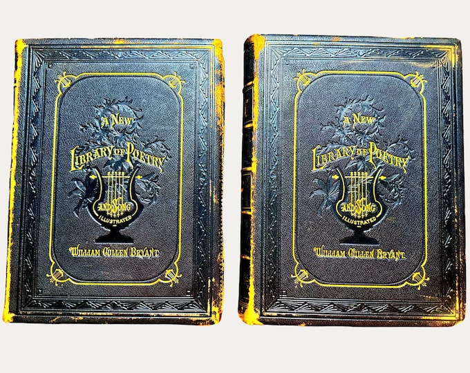 1883 Memorial Edition Poetry Set | Gilt Leather, Silk Liners, Poet Autographs | Victorian Anthology, 2 Vols | William Cullen Bryant