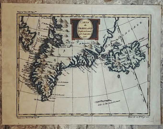 Antique 1770 Arctic Map: Hand-Colored French Engraving of Greenland & Iceland by Lattre