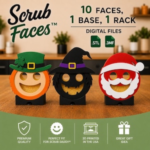 May include: Digital files for 10 Scrub Faces, 1 base, and 1 rack, including .STL and .3MF formats. Three examples are shown: an orange face with a green hat, a black face with a witch hat, and a red face with a Santa hat, each holding a yellow sponge.