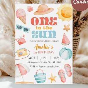 Puede incluir: Una invitación con temática de playa con el texto "One in the Sun" en rojo y azul. La invitación incluye ilustraciones de un sol, un helado, gafas de sol, un cangrejo, una cámara, una sandía, una pelota de playa y chanclas. El texto dice "Amelia's 1st Birthday".