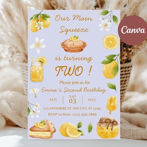 Lemon Birthday Invitation, Main Squeeze Citrus Celebration, Cute Citric Lemonade Invite, Editable Canva Template, Printable Digital Download