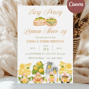 Lemon 3rd Birthday Invitation, Lemonade Three-zy Party, Garden Citrus Theme, Printable Editable Canva Template, Instant Digital Download