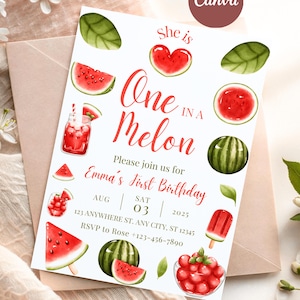 May include: A white invitation card with watercolor illustrations of watermelon slices, a watermelon heart, and a watermelon drink. The text reads "She is One in a Melon" and invites guests to Emma's First Birthday.