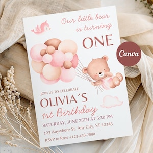 Cute Bear 1st Birthday, Invite for One Year Old Baby, Soft Theme for Toddler Girl, Kid First Celebration Editable Printable Digital Download