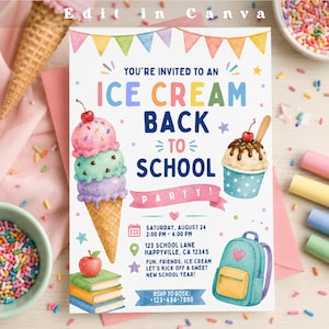 Puede incluir: Una tarjeta de invitación rectangular con banderines coloridos, un cono de helado de tres bolas, una copa de helado, una pila de libros con una manzana y una mochila. El texto dice: YOU'RE INVITED TO AN ICE CREAM BACK TO SCHOOL PARTY! AUGUST 24.