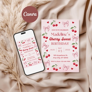 Cherry Bow First Birthday Invitation, Girl Ribbon Party Template, Editable Digital Download, Fruit and Bow Printable, 1st Birthday Invite