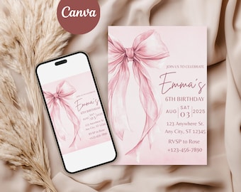 Pink Bow Birthday Invitation, Editable Coquette Ribbon Invite, Minimalist Kids Birthday Template, Pastel Pink Canva Instant Digital Download