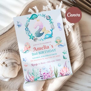 Mermaid Second Birthday Invite, Ocean Theme Party for 2nd Year Old Kids, Underwater Customizable Printable Instant Digital Download Template