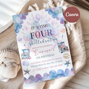 Its Time Four a Shellabration Birthday Invitation, Ocean Theme Fourth Birthday Party, Customizable Underwater Template, Sea Life Celebration