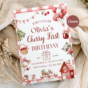 Cherry 1st Birthday Invitation, Berry First Invite, Cute Gingham Celebration, Woodland Animals Party Card, Editable Canva Printable Template