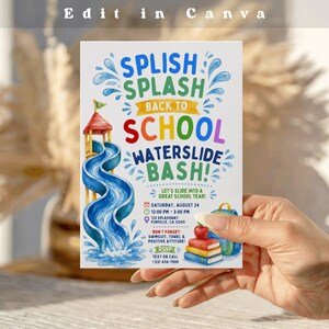Puede incluir: Una tarjeta de invitación rectangular con una ilustración en acuarela de un tobogán acuático azul y una pila de libros con una manzana encima. El texto dice: SPLISH SPLASH BACK TO SCHOOL WATERSLIDE BASH! LET'S SLIDE INTO A GREAT SCHOOL YEAR! SATURDAY, AUGUST 24, 12:00 PM - 3:00 PM, 123 SPLASHWAY FUNVILLE, CA 12345. DON'T FORGET: SWIMSUIT, TOWEL & POSITIVE ATTITUDE! RSVP TEXT OR CALL 123-456-7890.