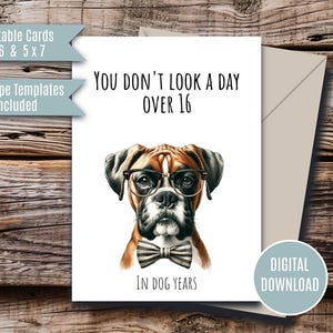 Carte imprimable chien Boxer - vieux chien drôle avec des lunettes et une cravate - carte de voeux unique - 5 x 7 et 4 x 6 - modèle d'enveloppe inclus