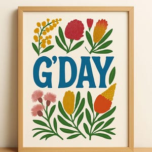 Bold &quot;G&#39;DAY&quot; Australian Botanical Print | Aussie Greeting Digital Art | Native Flower Illustration | Instant Download Wall Art