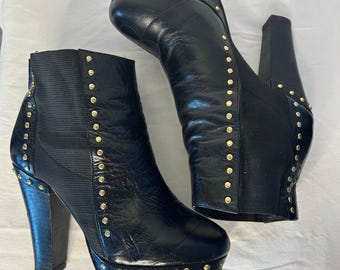 Vintage zwart leren enkellaarzen met studs en blokhakken, dames 7 Y2K