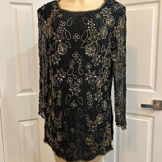 Glamorous Papell Boutique Evening Black Beaded Silk Tunic Top – Size L