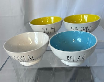 Rae Dunn Artisan Collection Cereal Bowls Set of 4 Sunshine Yum Relax Yellow Blue Farmhouse