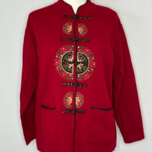Vintage Chinese Embroidered Sweater Jacket Cardigan Red Black Frog Closures 2