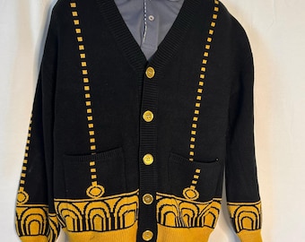 Steady Hands Graphic Knit Cardigan Sweater Black Yellow Button Front Size S/M