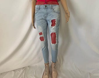VIP Jeans Y2K Desgastado Denim Rosa Fucsia Red Punk Grunge Coquette 9/10