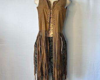 Brown Faux Suede Fringe Vest Long Western Boho Festival Layering S