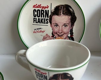 Kellogg’s Corn Flakes Cups & Saucers Set of 4 Rockwell-Style Cereal Dishware