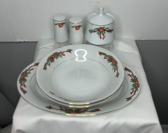 Vintage Poinsettia Ribbons Fine China Christmas Serving Set Platter Bowls Sugar Shakers